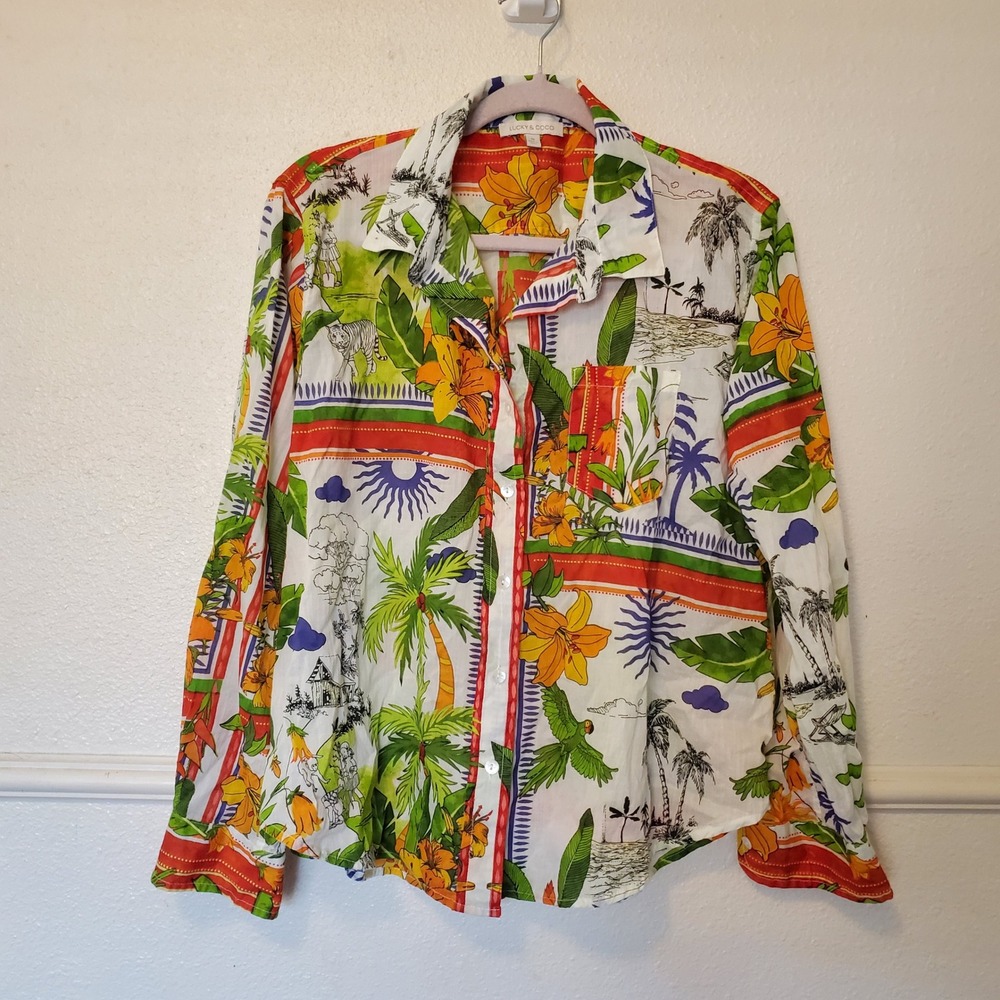 Lucky & Coco Womens Tropical Jungle Tiger Print Cotton Button Down Shirt Medium
